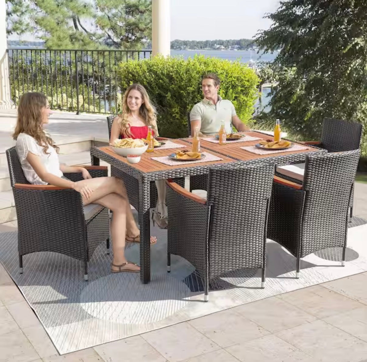 7-Piece Wicker Outdoor Dining Set with Wood Top