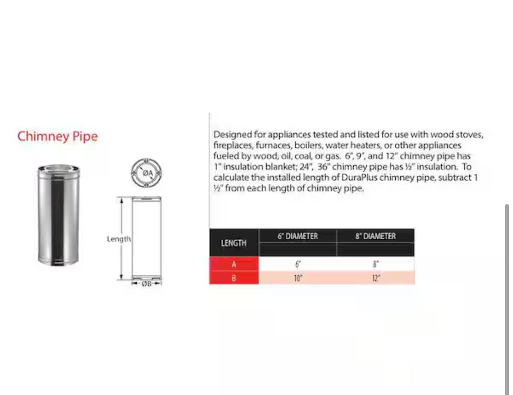6in. X 12in. Diameter Chimney Pipe, Stainless Steel