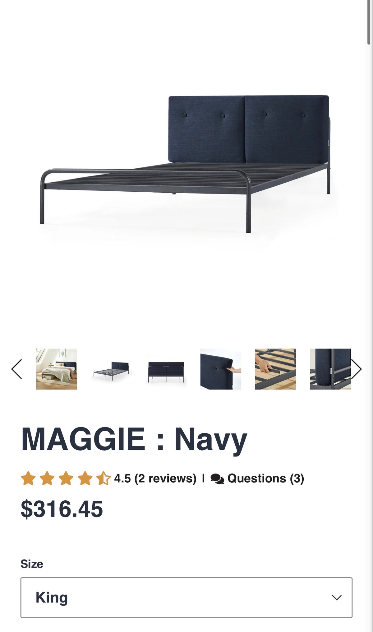 Mellow Maggie King Size Bed frame  with Upholstered Cushion Headboard