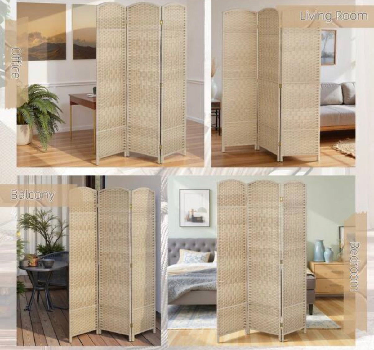 Hand-Woven Wall Partition 3-Panel Room Divider