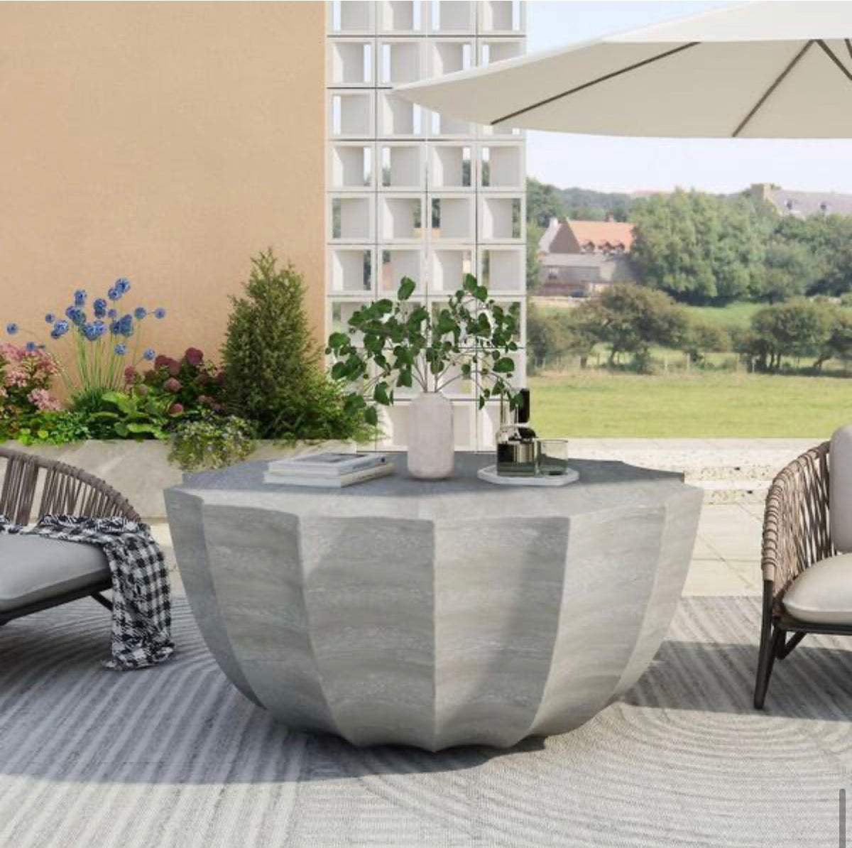 Marble & White Circular Cement Outdoor Coffee Table