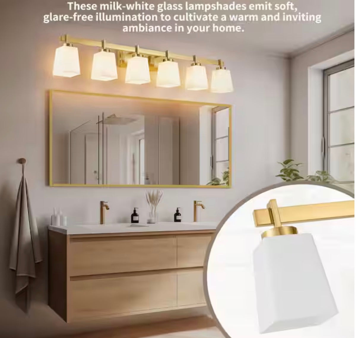 6-Light Gold Bathroom Vanity Light with Milk Glass Shades