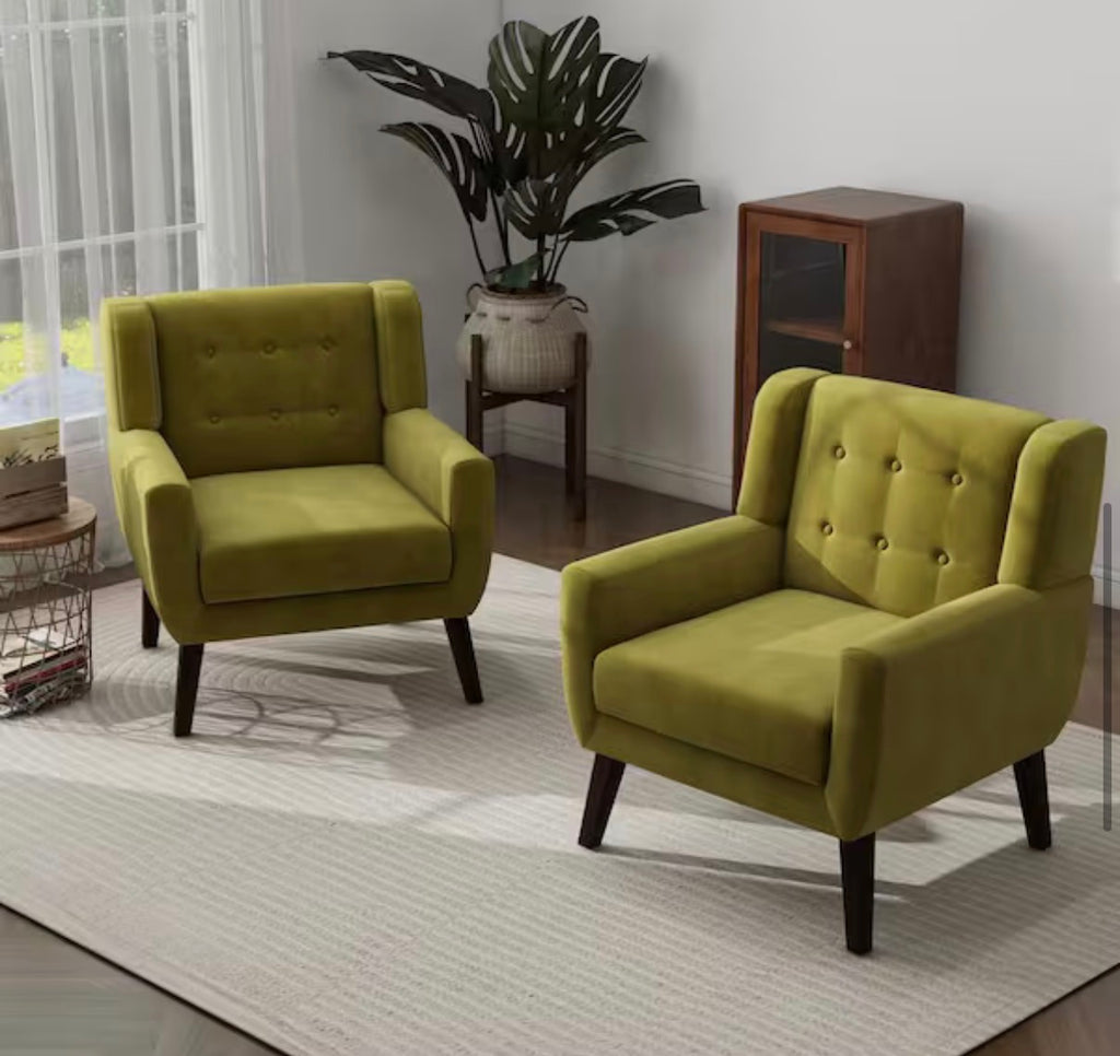 Mid-Century Modern Button Green Velvet Accent Arm Chair (set of 2)