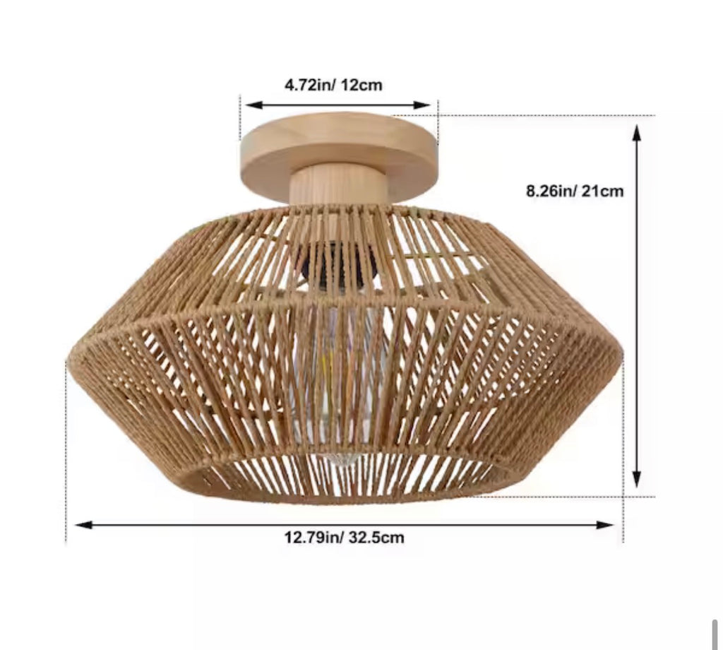 1-Light Bohemian Rattan Semi Flush Mount Ceiling Light