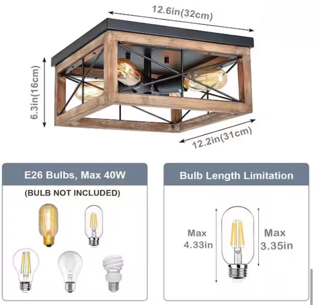 12.6 in. 4-Light Black Wooden LED Flush Mount Ceiling Lights