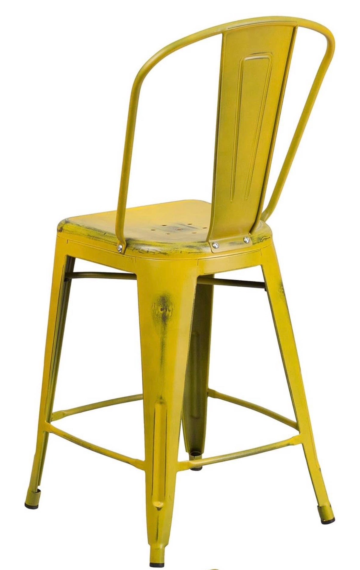 Distressed Yellow Metal Stool with Back