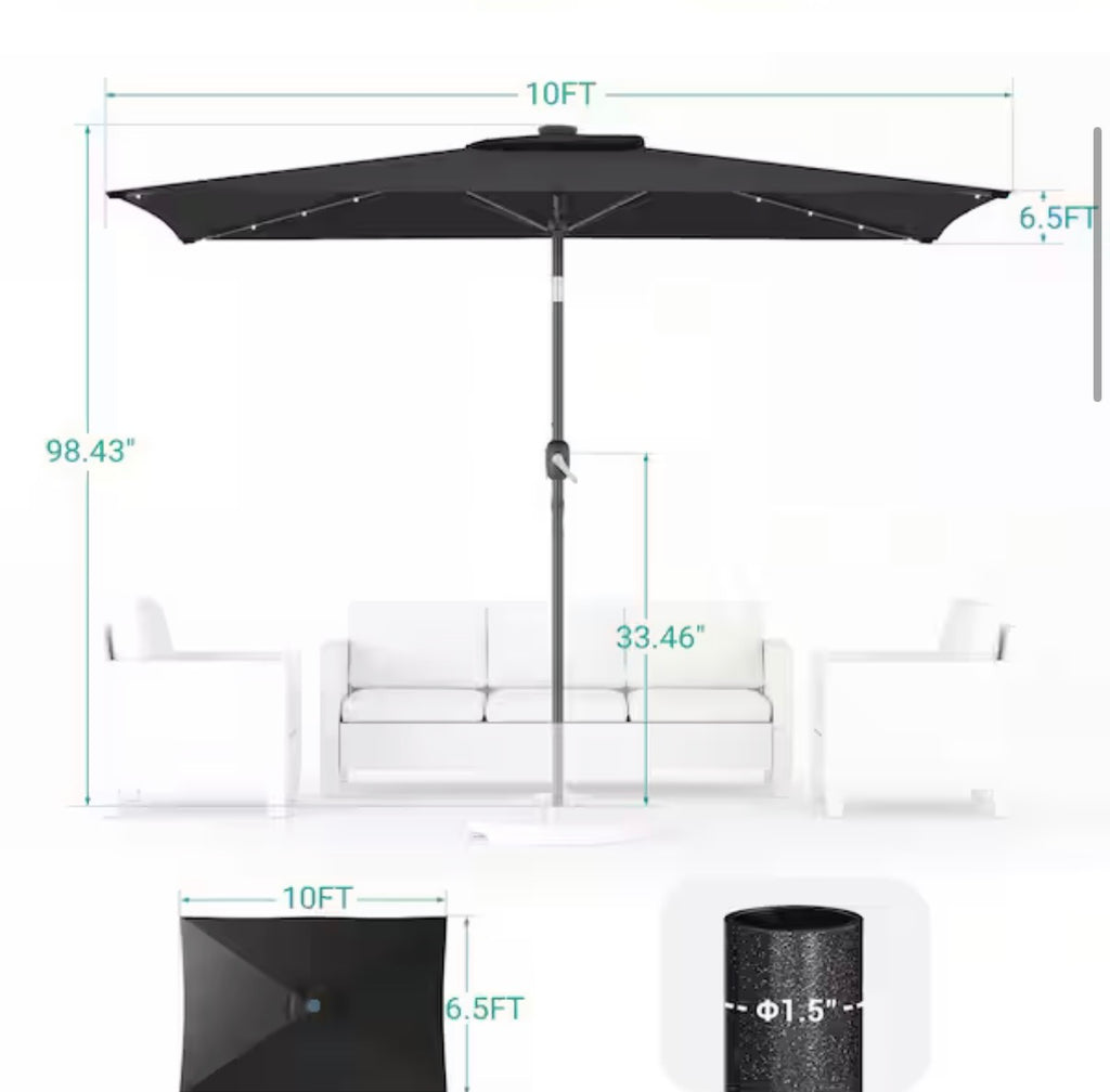 Solar LED 10 ft. x 6.5 ft. Patio Rectangle Umbrella in Black