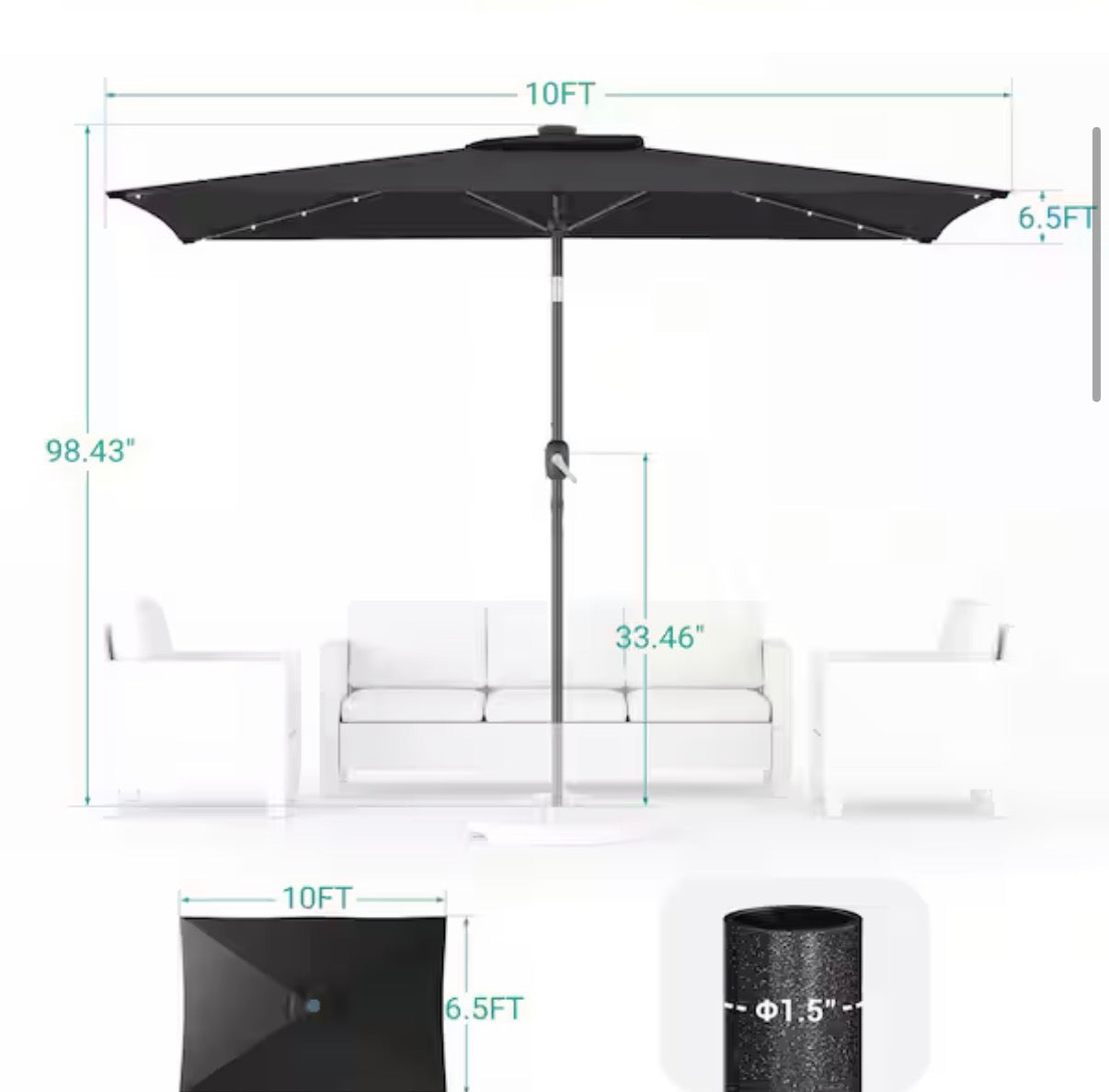 Solar LED 10 ft. x 6.5 ft. Patio Rectangle Umbrella in Black