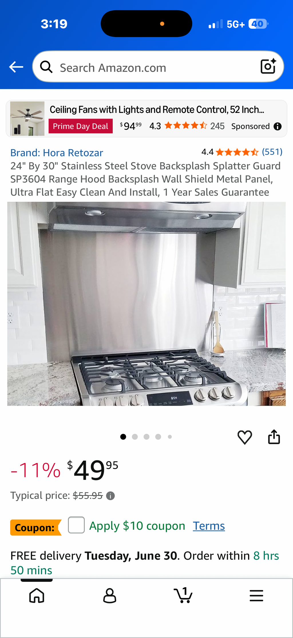 24" By 30" Stainless Steel Stove Backsplash Splatter Guard