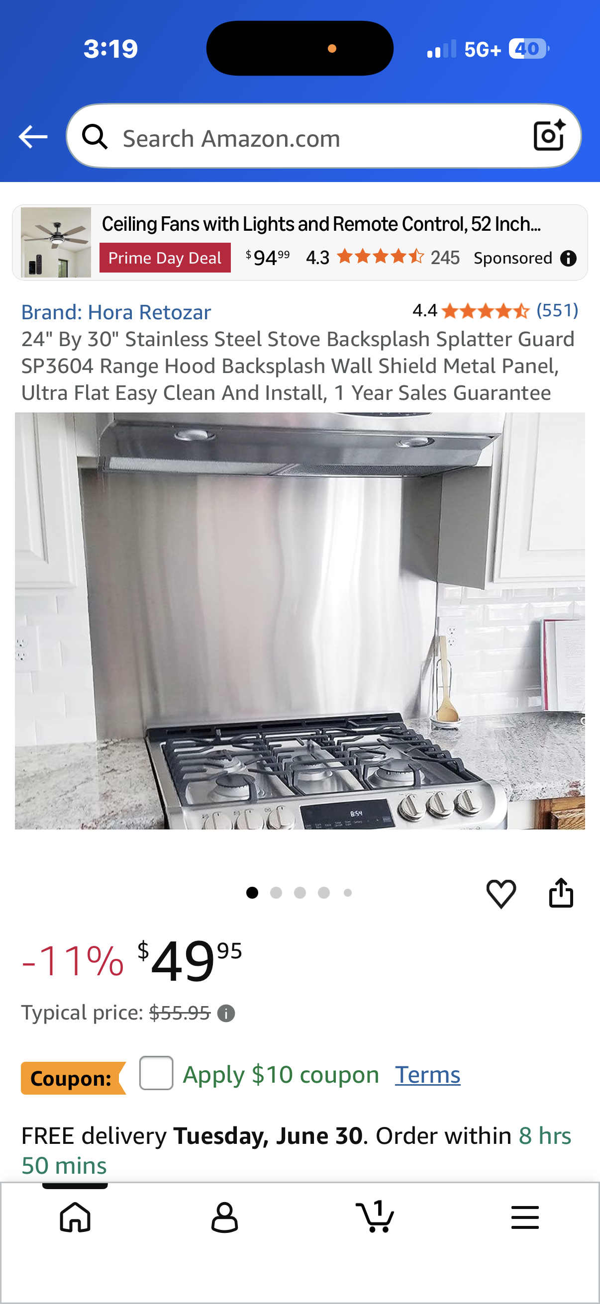 24" By 30" Stainless Steel Stove Backsplash Splatter Guard