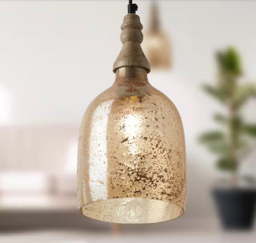1-Light Bell-Shaped Glass Shade Pendant Lamp with Mango Wood Accent