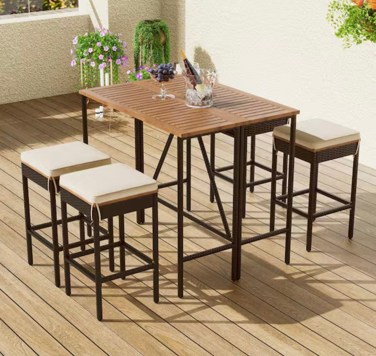5-Piece Wood Outdoor Dining Set Bar