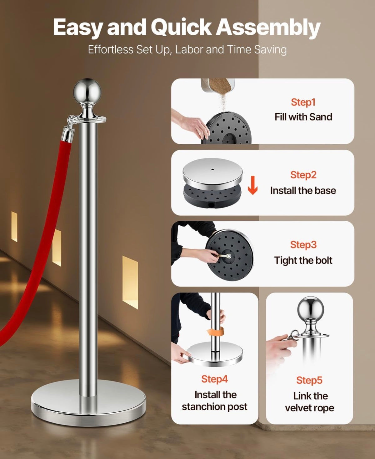 Crowd Control Stanchions and Velvet Ropes 8Pcs