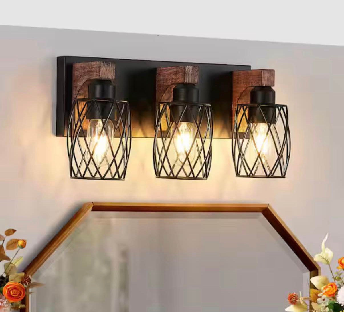 3-Light Black and Walnut Cage Vanity Light