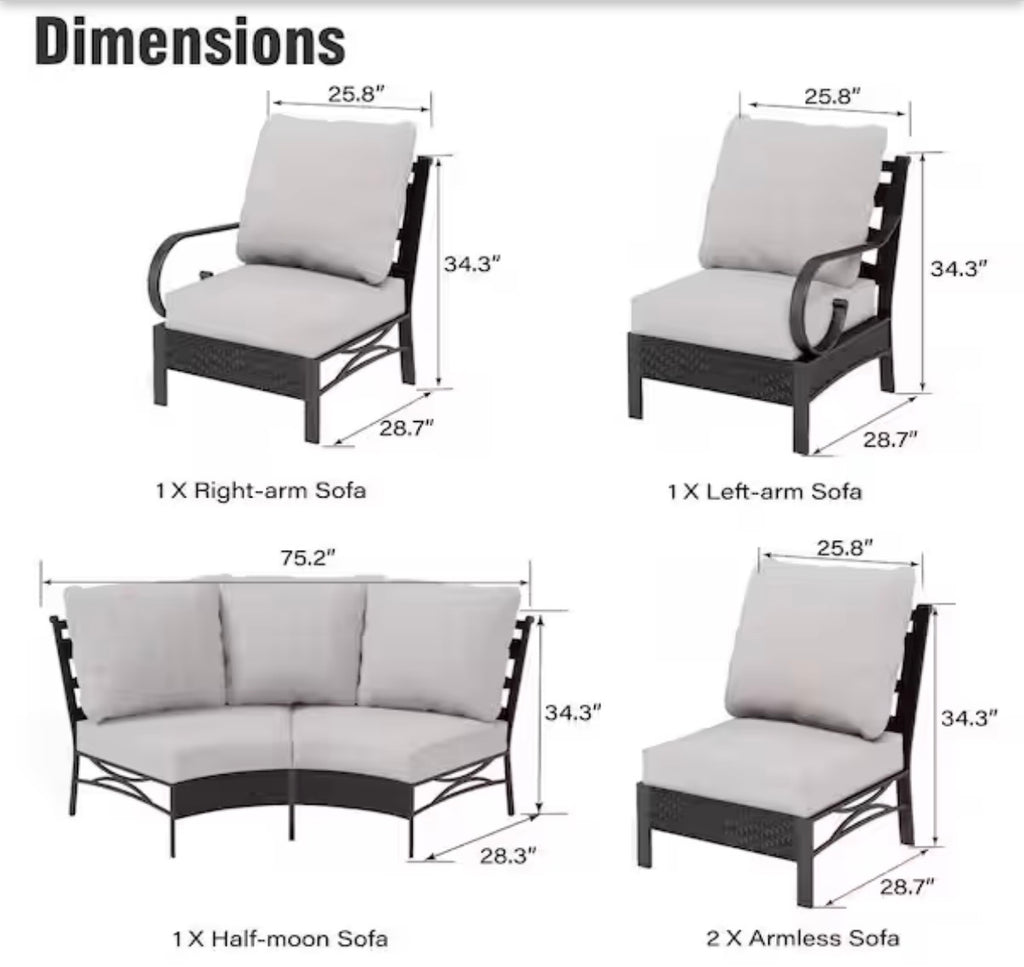 Black 6-Piece Metal Outdoor Sectional with Beige Cushions