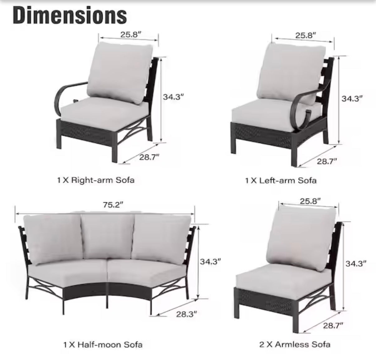 Black 6-Piece Metal Outdoor Sectional with Beige Cushions