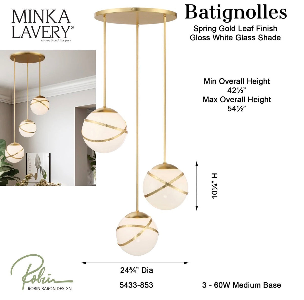 Batignolles 3 Light 25" Wide Multi Light Pendant with White Glass Shade