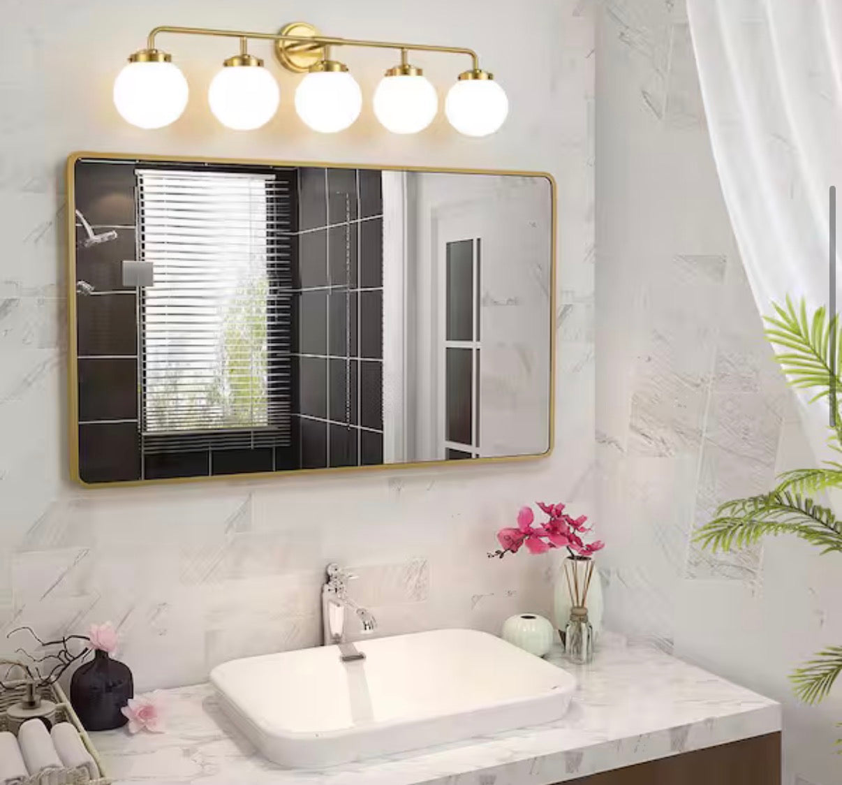 Modern 5-Light Gold Vanity Light with White Glass Globes