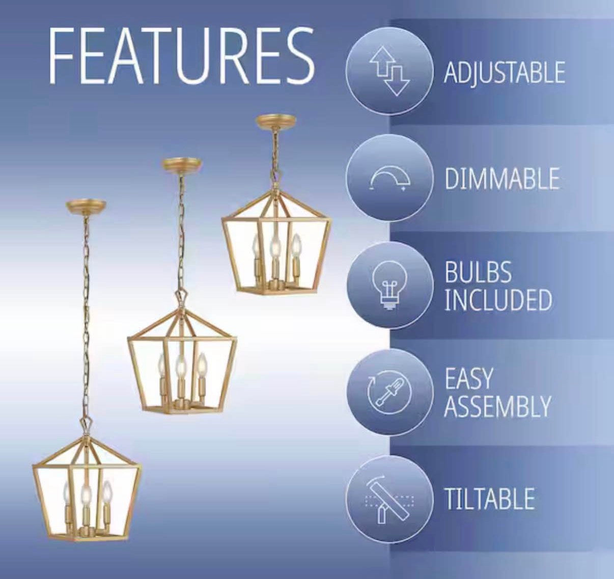 3-Light Iron Classic Modern Lantern LED Brass Gold Pendant