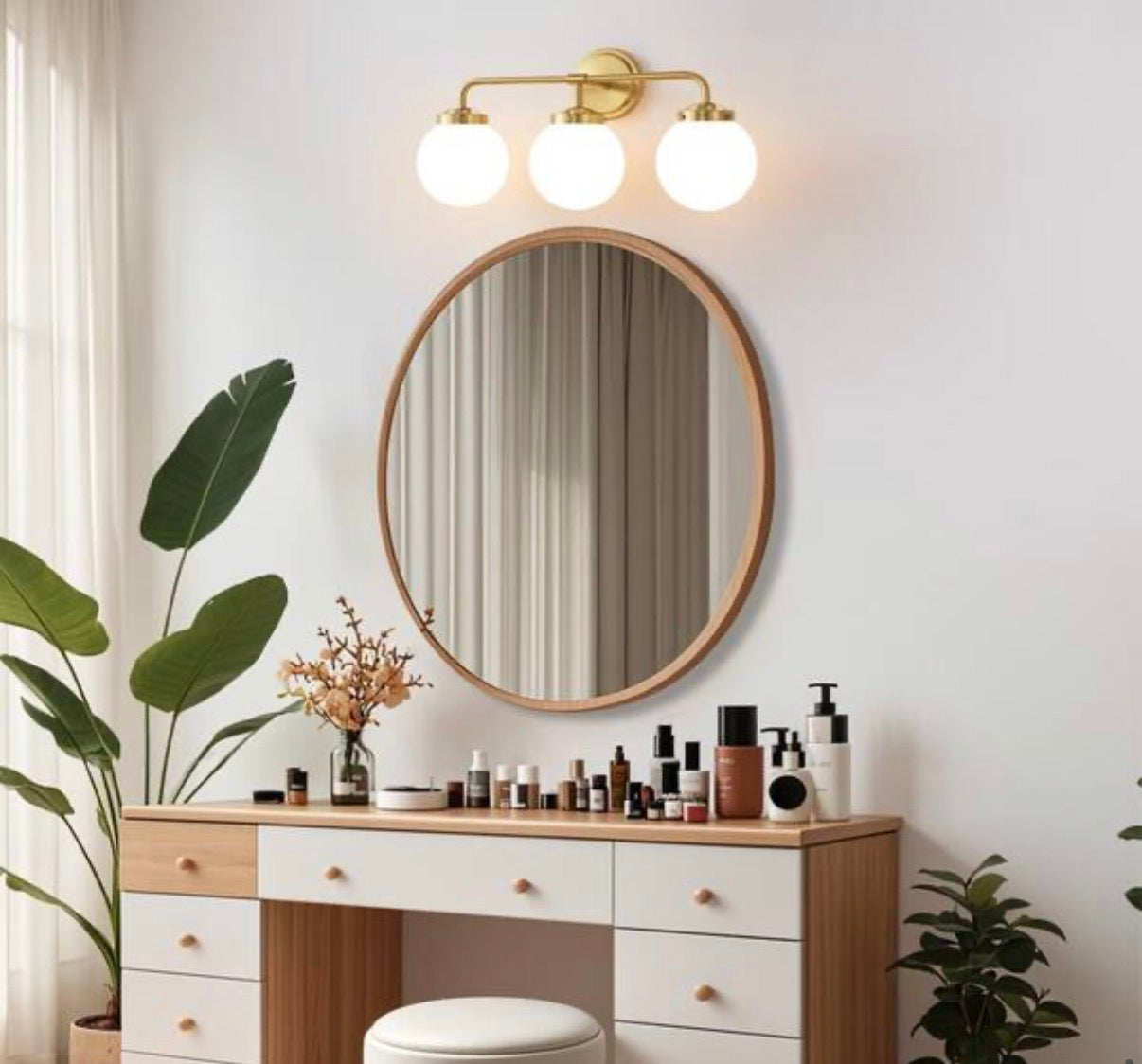 3-Light Gold Bathroom Vanity Light with Opal Glass Shades