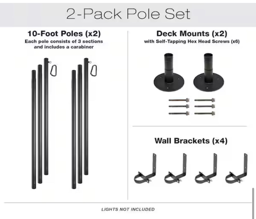 Two 10 ft. Premium String Light Poles For Deck/Concrete, Black