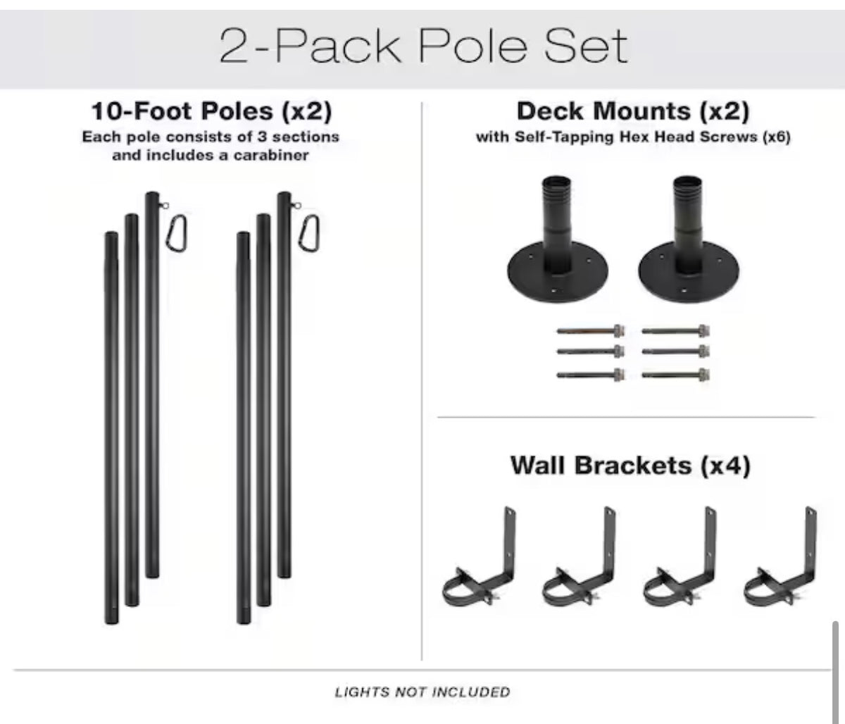 Two 10 ft. Premium String Light Poles For Deck/Concrete, Black