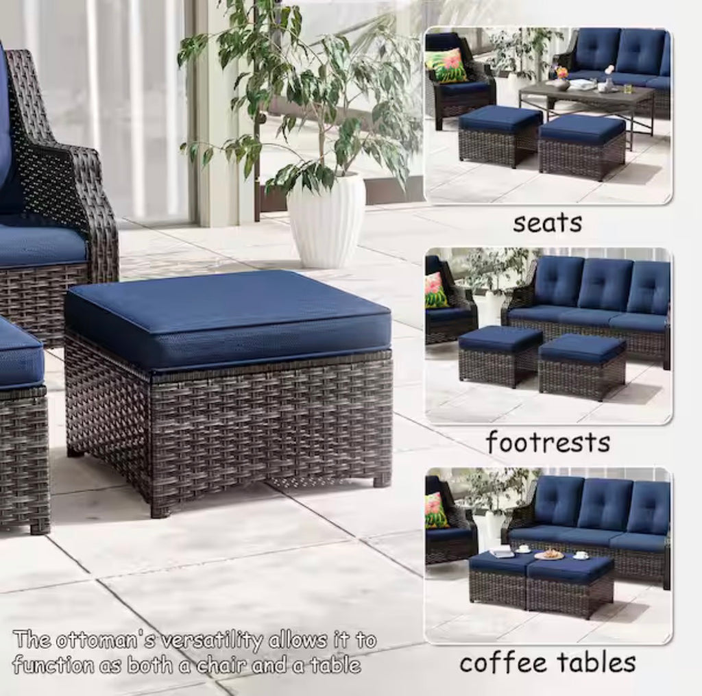 Wicker Outdoor Patio Ottoman with Blue Cushions (Set of 2)