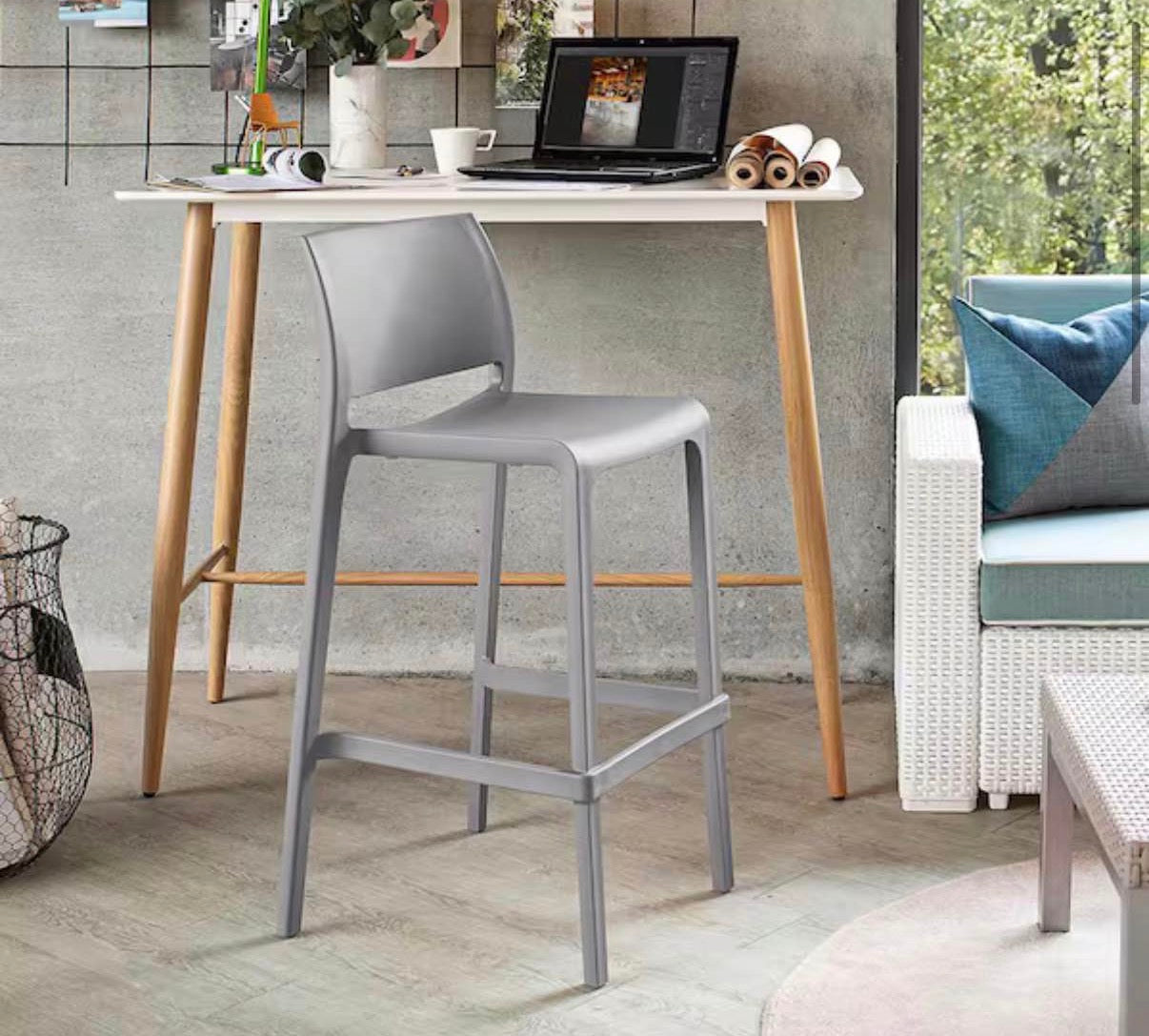 Sensilla Cold Gray 40.60 in. Low Back Resin Stackable Bar Stool (Set of 2)