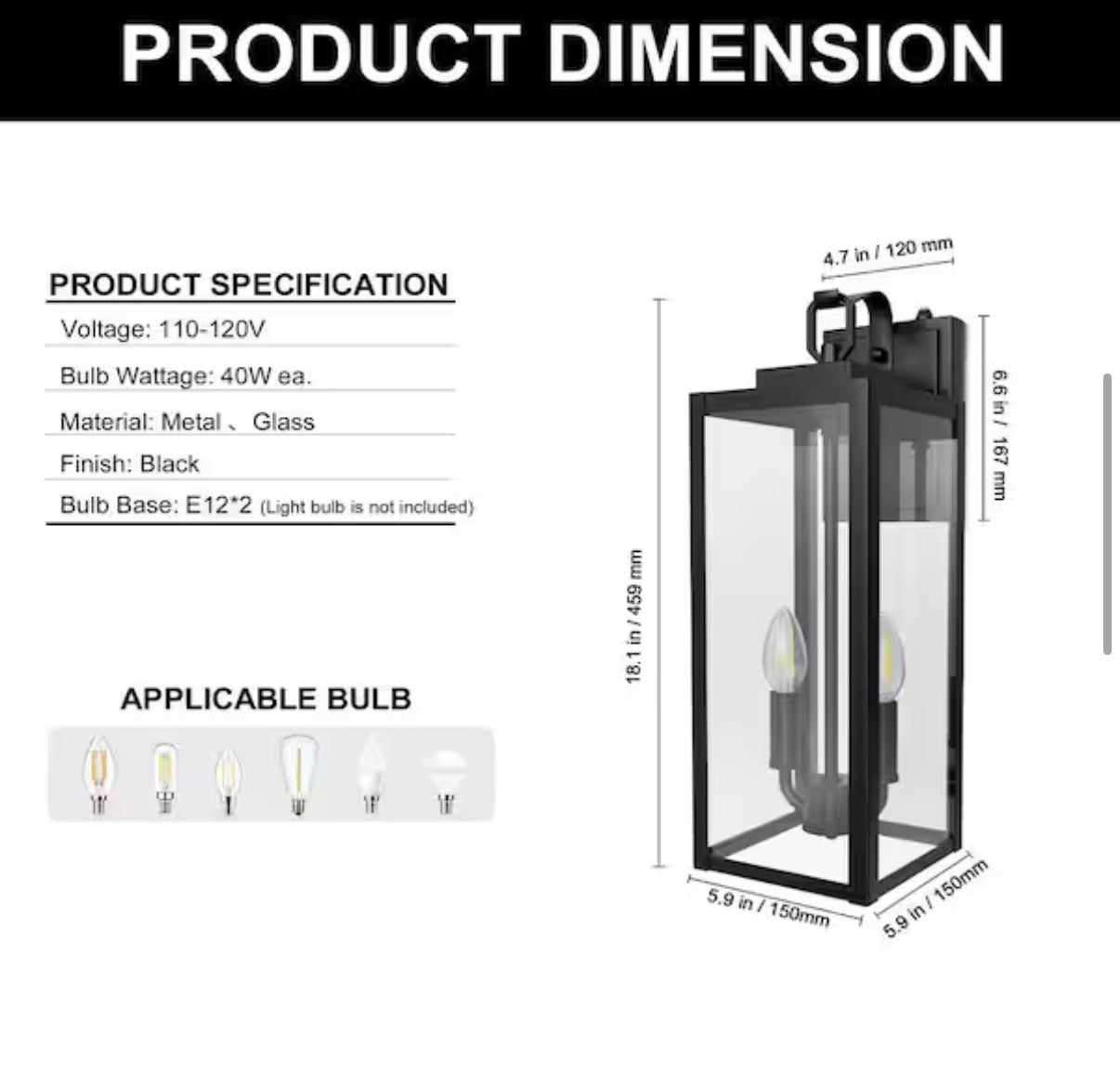18 in. Outdoor Wall Lantern Light with Clear Glass (2-Pack)