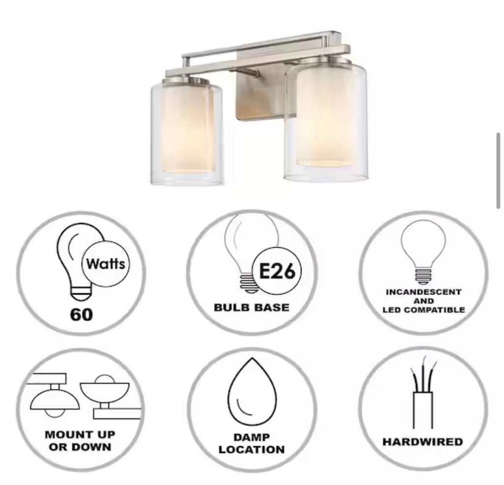 Lisbon 14.25 in. 2-Light Brushed Nickel Bathroom Vanity Light