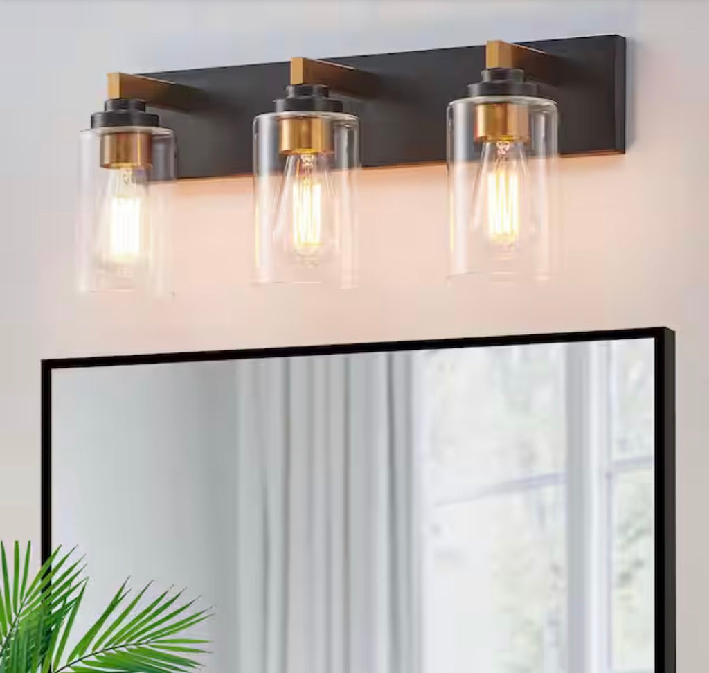 3-Light Black and Brushed Gold Vanity Light