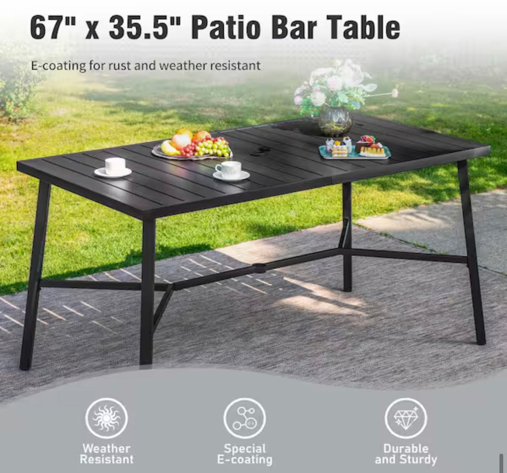 67 in. Black Patio Rectangle Metal Bar Height Outdoor Dining Table