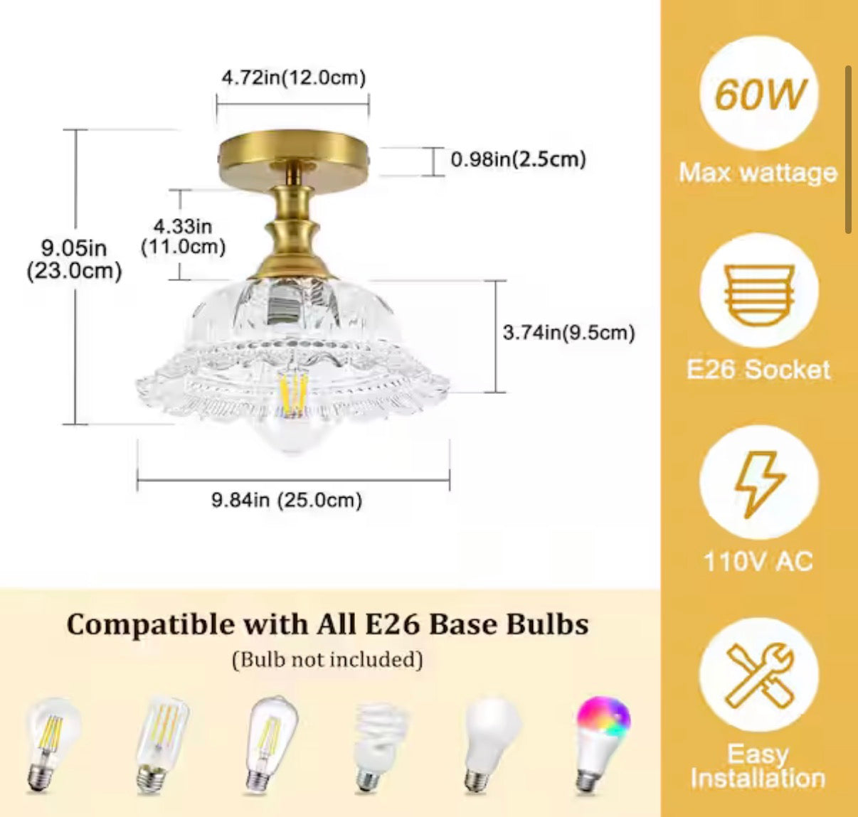Brushed Vintage Gold Dome Semi-Flush Mount Ceiling Light