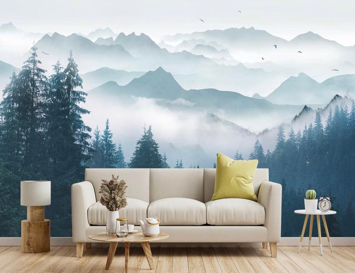 Foggy Forest Pine Scenery Fabric Wallpaper