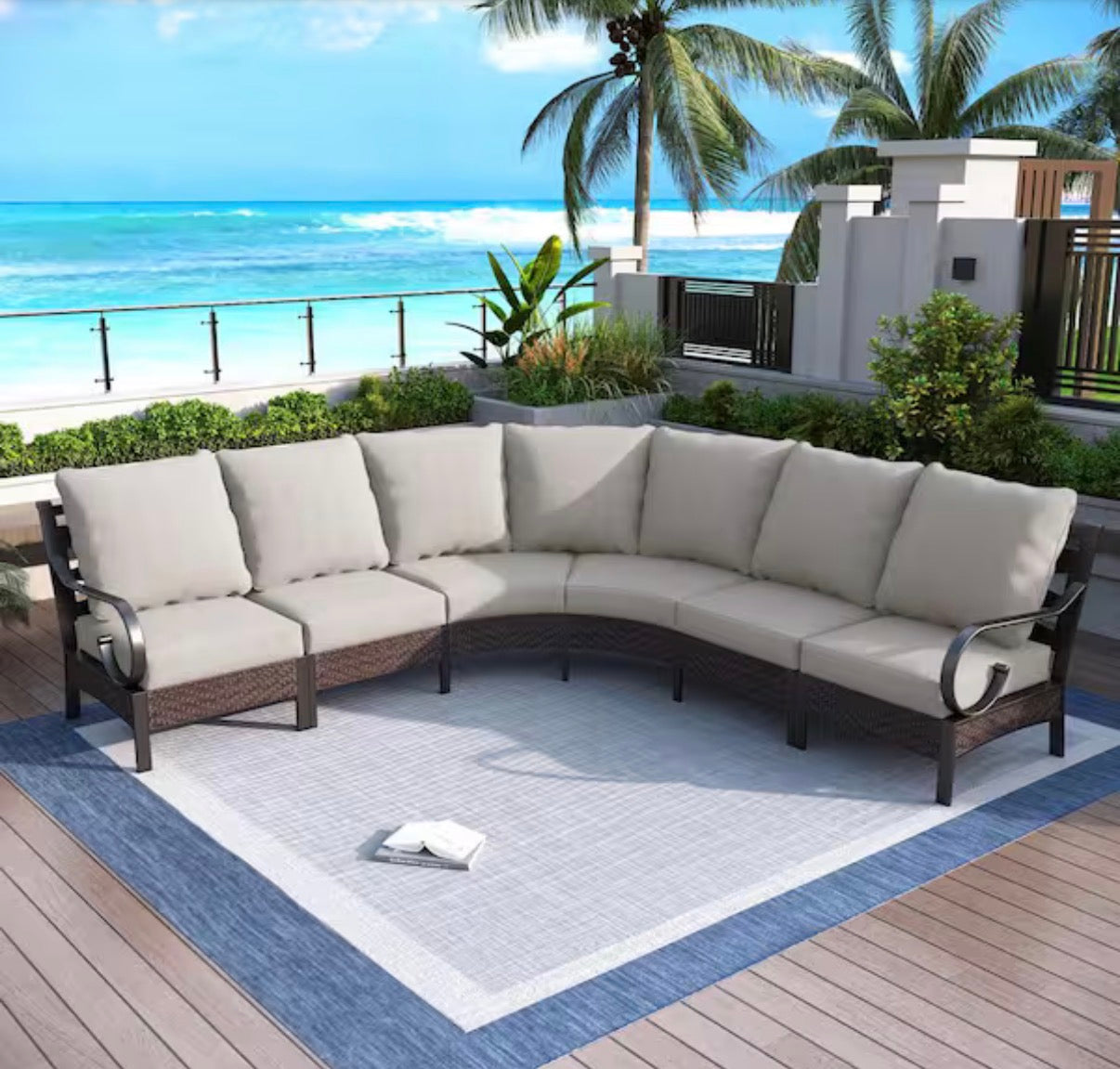 Black 6-Piece Metal Outdoor Sectional with Beige Cushions