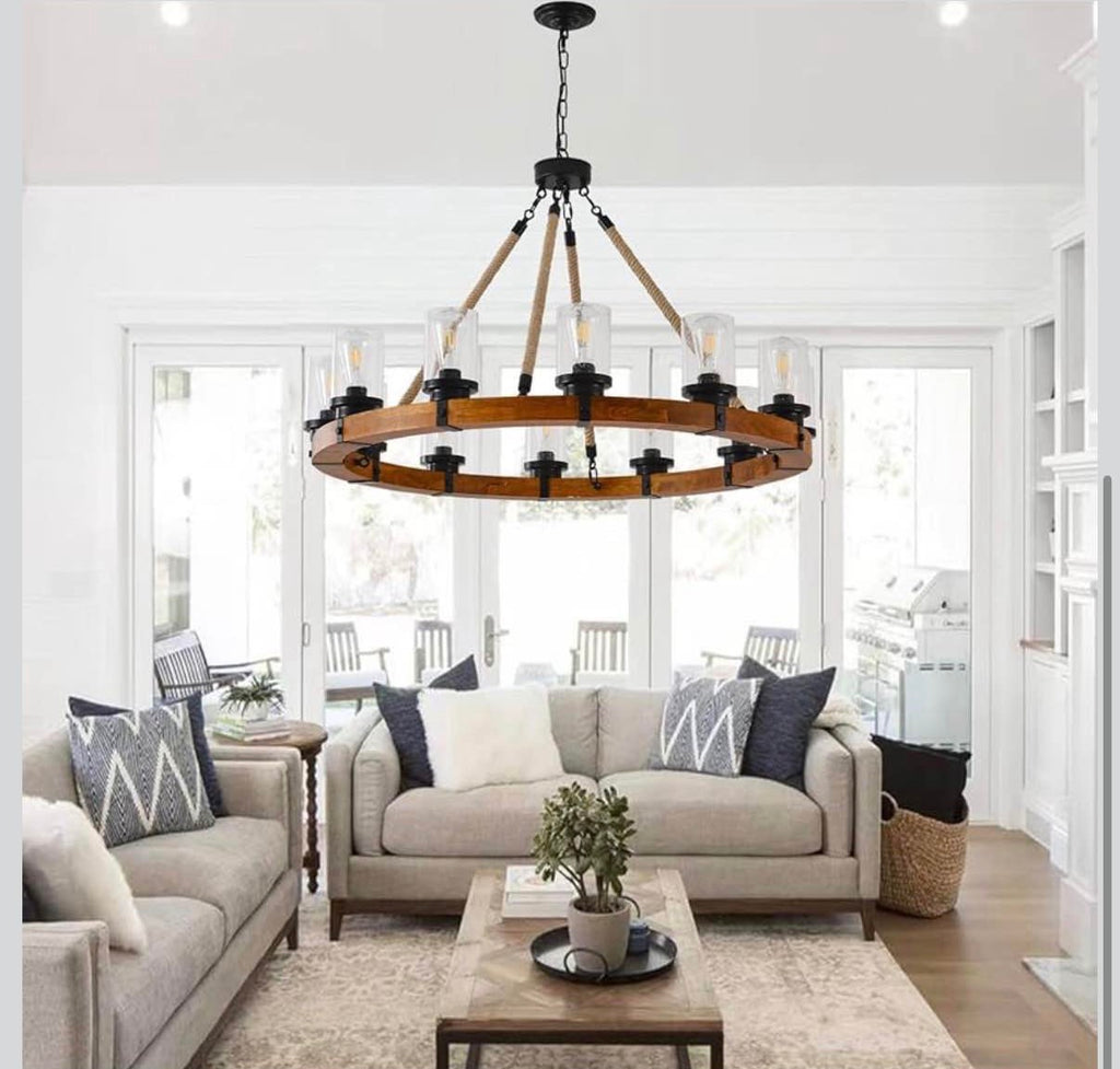 Rustic 12 Light Wagon Wheel Chandelier