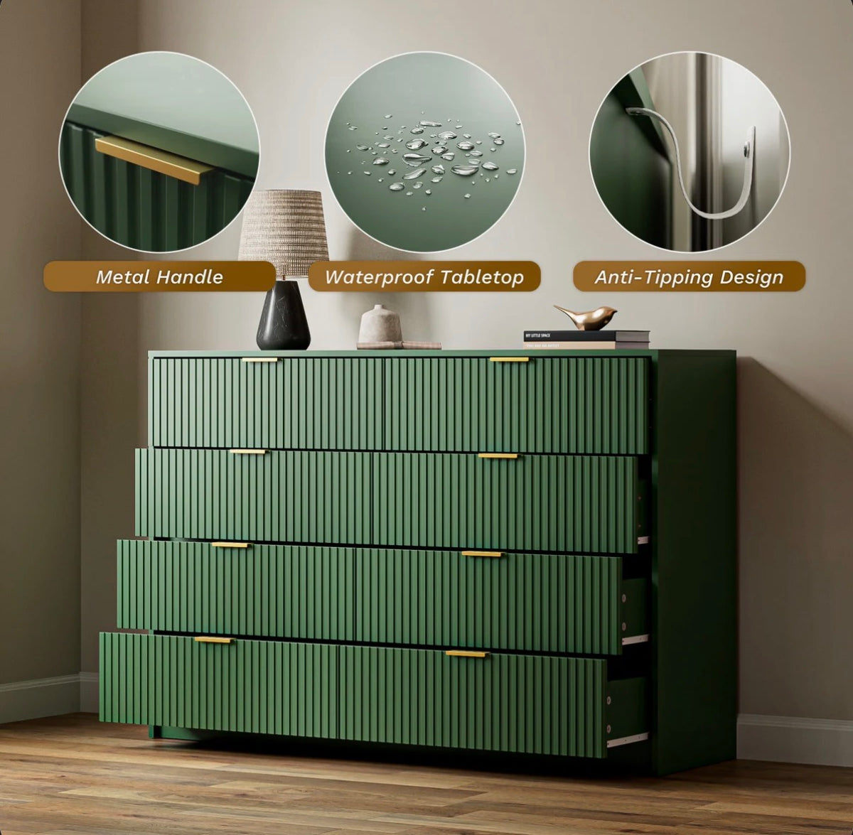 8-Drawer Double Dresser  55" W, Green