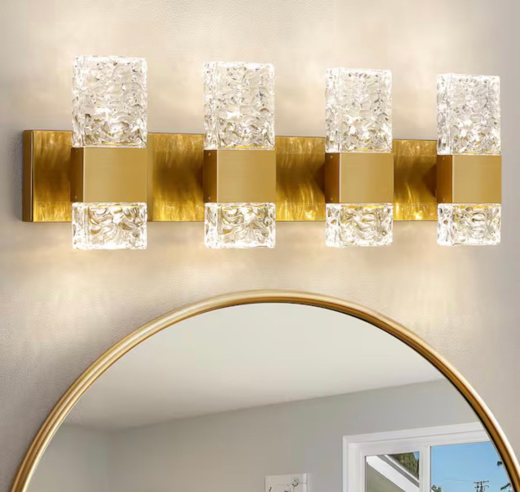 4-Light Brushed Gold LED Vanity Light with Crystal Glass