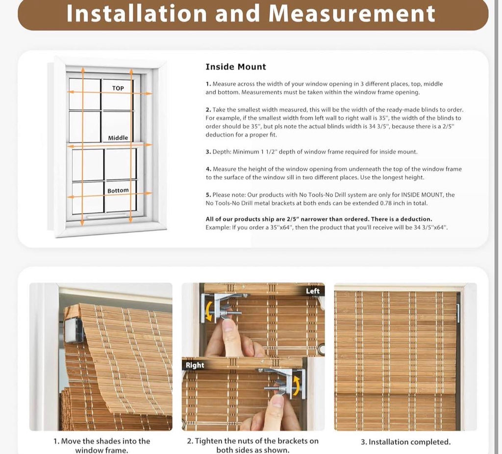 No Tools No Drill Cordless Bamboo Roman Shades