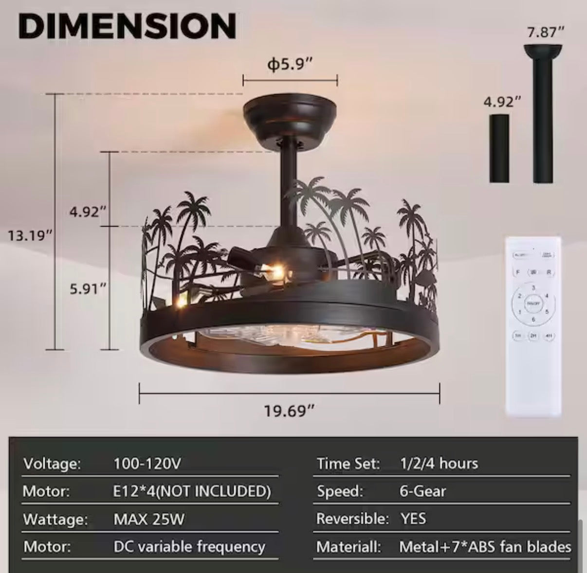 Tropical Palm Tree Cage Downrod Mount Ceiling Fan with Light