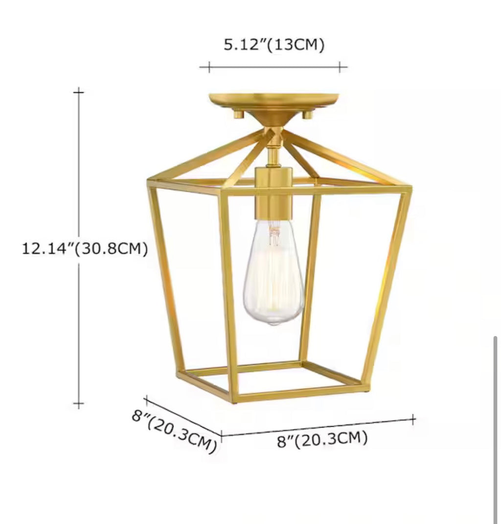 1-Light 8 in. Brushed Gold Semi Flush Mount Light
