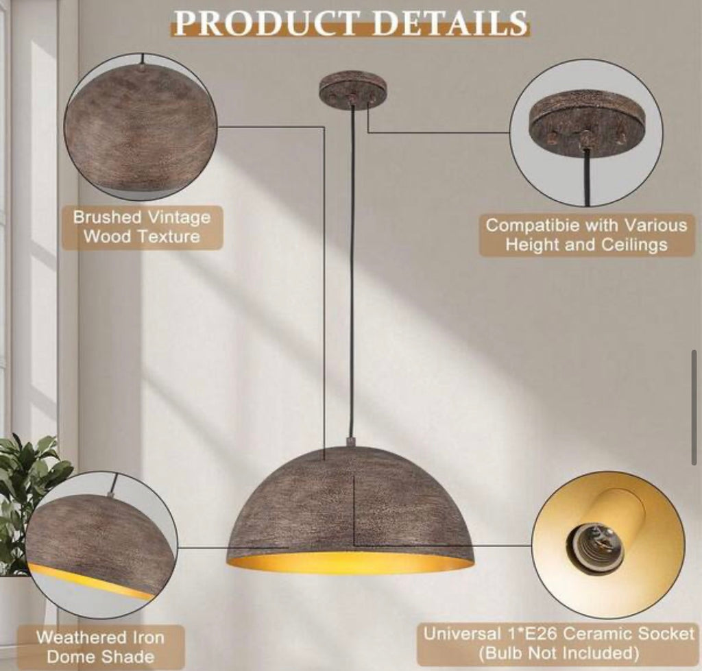 16 in. Vintage Distressed Wood-Grain Dome Pendant Light