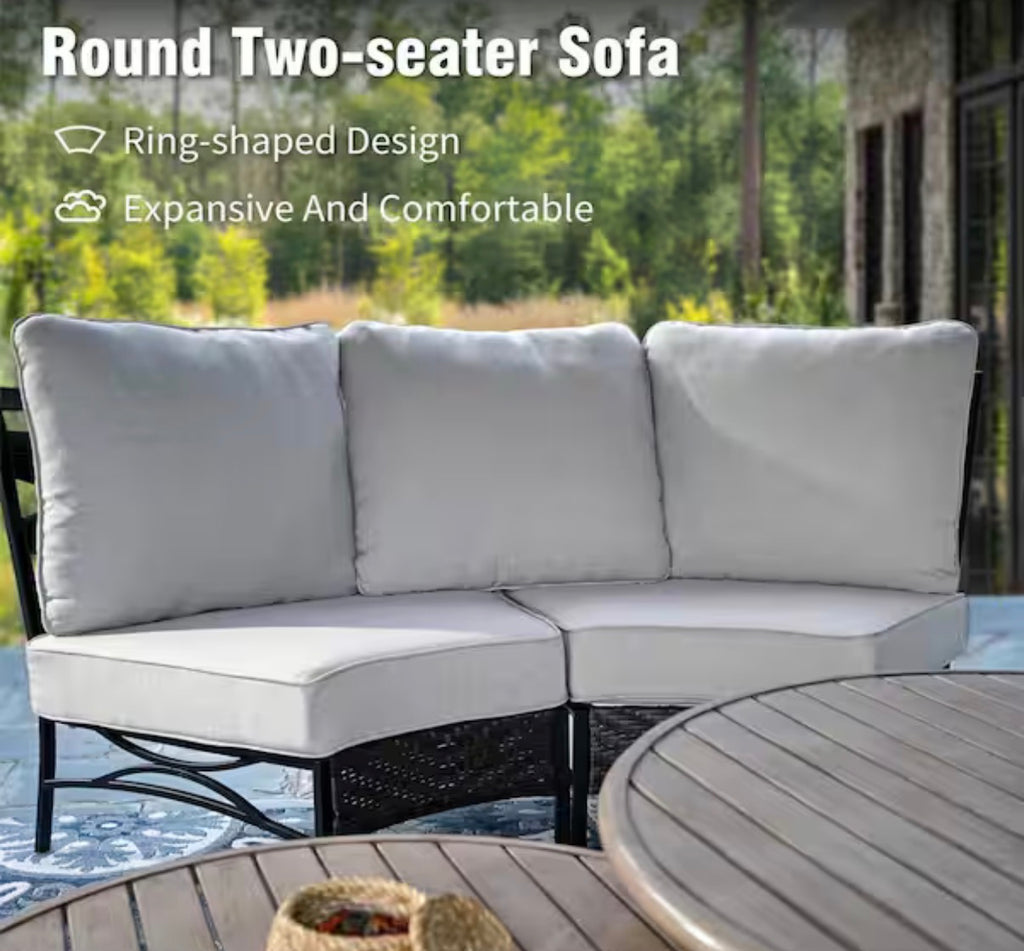 Black 6-Piece Metal Outdoor Sectional with Beige Cushions