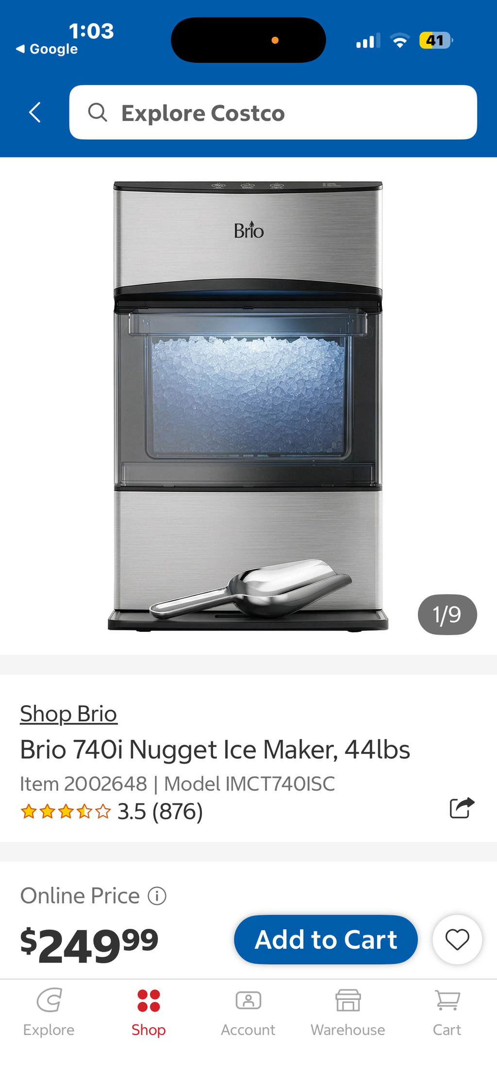 Brio 740i Nugget Ice Maker, 44lbs (used)