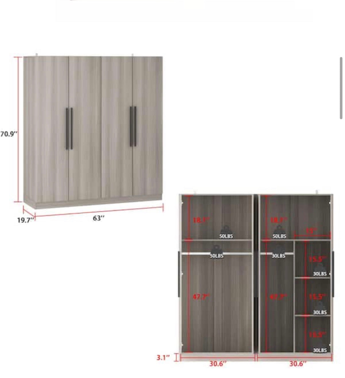 Gray Wood 63 in. W Armoire