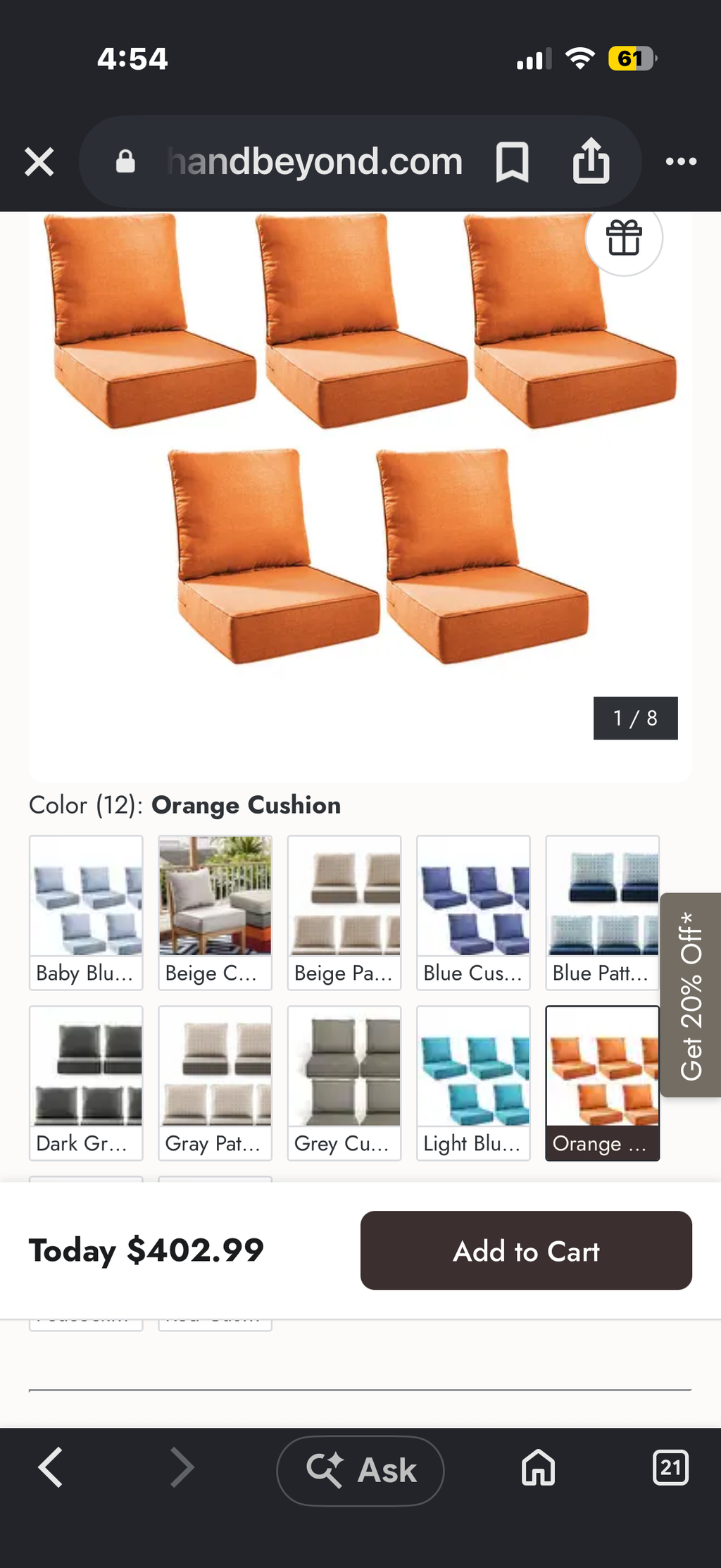 22 in. x 24 in. x 6 in. Outdoor Chair Cushion Set in Orange