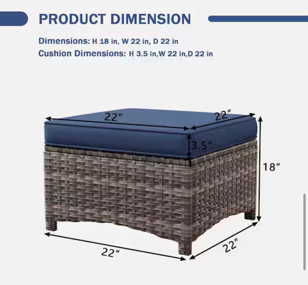 Wicker Outdoor Patio Ottoman with Blue Cushions (Set of 2)