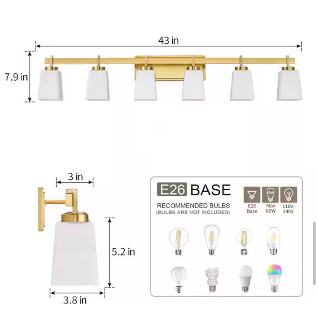 6-Light Gold Bathroom Vanity Light with Milk Glass Shades