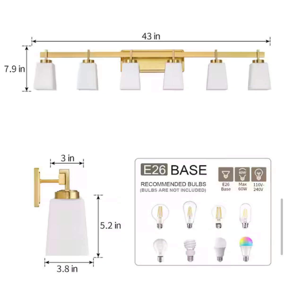 6-Light Gold Bathroom Vanity Light with Milk Glass Shades