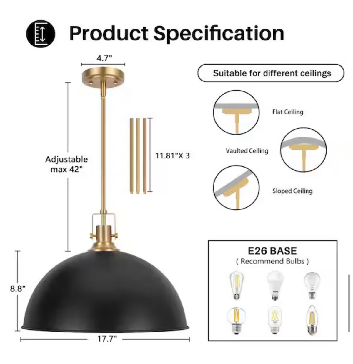 Industrial Single Pendant Light with Metal Dome Shade